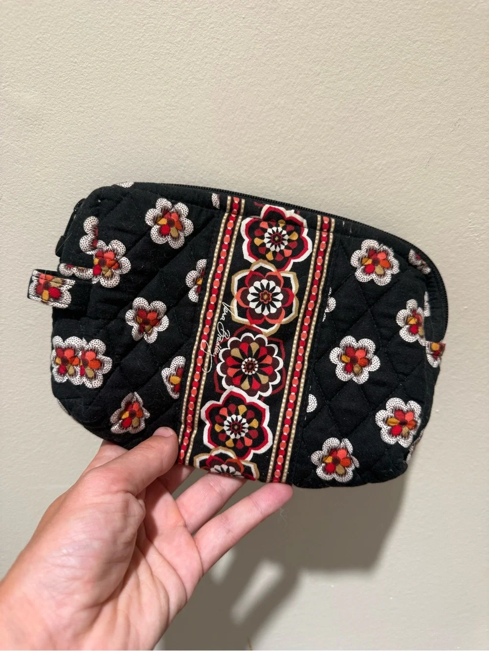 Vera Bradley Quilted Cosmetic Bag Clear Plastic Lined Makeup Pouch Black Floral